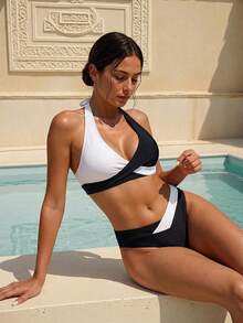 SHEIN Swim 女士拼色简约风格日常穿着比基尼上衣夏季 - 彩色 - 查看 6