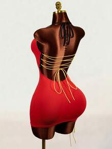 BamGleam Women's Fashion Letter & Motorcycle Graphic Print Lace-Up Camisole Dress - Red - View 3