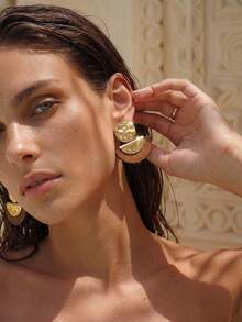 Swim Chiccia 1 Pair Bohemian Women Retro Elegant Hammered Metal Round & Semi-Circle Wood Earrings, Fashionable Accessories For Spring/Summer And All Year Round - Earring - View 7