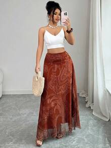 SHEIN Elenzya Chân váy chữ A in họa tiết retro màu hạt điều dành cho nữ, duyên dáng cho kỳ nghỉ, mặc hàng ngày, đi làm thanh lịch, hẹn hò thời trang, phong cách đường phố Pháp, đa năng retro, họa tiết hoa retro màu nâu, chân váy maxi dài mùa xuân/hè mới. - Gỗ đỏ - Xem 3
