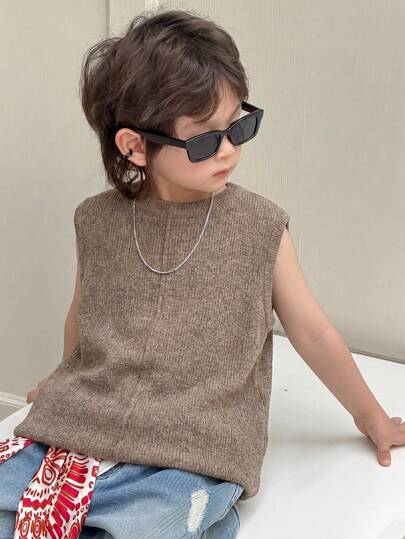 Dazy Kids Áo thun đơn giản, màu trơn, cổ tròn, tay ngắn, dáng ôm, đa năng dành cho bé trai (cỡ nhỏ)