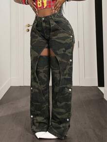SHEIN 女士迷彩镂空直筒牛仔裤 - 軍綠色 - 查看 3