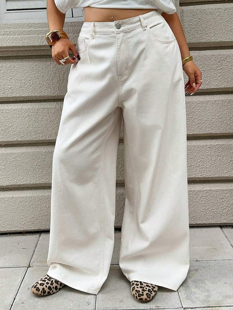 Dazy Plus Summer New Loose Casual Straight Leg Jeans, Apricot Color, Versatile Commuting Plus Size Women Vacation Style Long Jeans