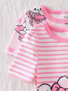 Bộ đồ ngủ 4 món cho bé gái, kiểu dáng ôm sát, in hình thỏ và trái tim hoạt hình, kẻ sọc, cổ tròn, tay ngắn và quần đùi, thích hợp mặc ở nhà, chơi ngoài trời và mặc thường ngày vào mùa hè. - Hồng - Xem 6