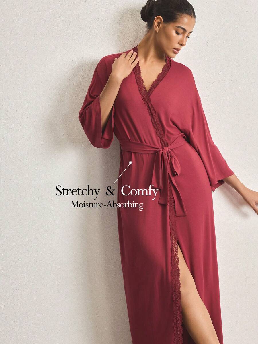 Ocili Comfortable Lace Robe For Women - Burgundy - View 1