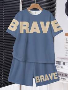Tween Boy Casual Comfortable Minimalist Round Neck Short Sleeve T-Shirt And Shorts Set, Classic Text & Graphic Print - Multicolor - View 2