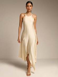 Women's Elegant Draped Neck Sleeveless Asymmetrical Hem Dress, Versatile For Dating, Beach, Vacation, Spring/Summer - Apricot - View 1