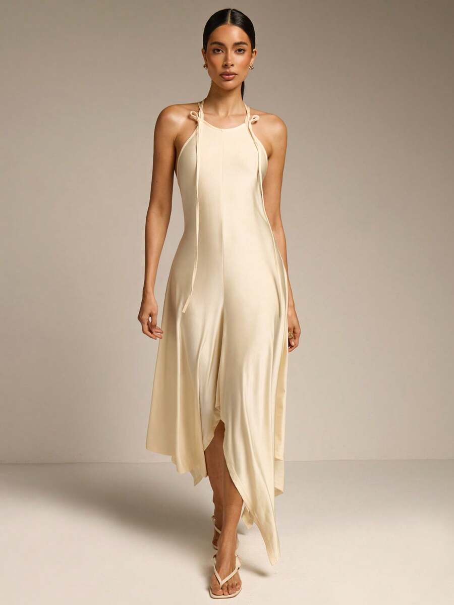 Women's Elegant Draped Neck Sleeveless Asymmetrical Hem Dress, Versatile For Dating, Beach, Vacation, Spring/Summer - Apricot - View 1