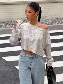 SHEIN Muchic 女士豹纹斜肩针织卫衣 - 灰色 - 查看 6