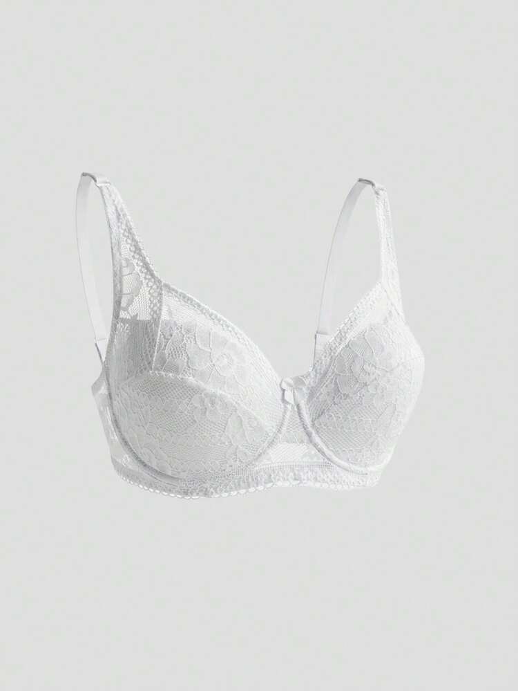 Adjustable Lace Spaghetti Strap Slightly Gathered White Bra, Women's Lingerie For Summer