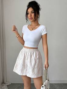 SHEIN Elenzya Quần short nữ ren cạp chun, thanh lịch, lãng mạn. - Màu be - Xem 8