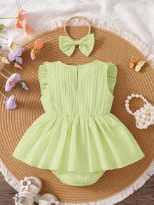 SHEIN Playful Pals 女婴花卉刺绣荷叶边下摆优雅夏季连衣裙，适合派对和日常穿着 - 綠色 - 查看 3