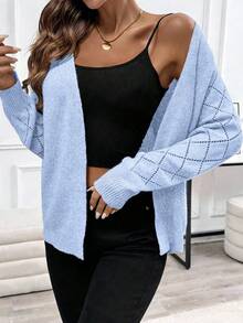 EMERY ROSE Light Apricot Casual Loose Fit Cardigan, Long Sleeve, Minimalist Design, Suitable For Spring And Autumn - Blue - View 5