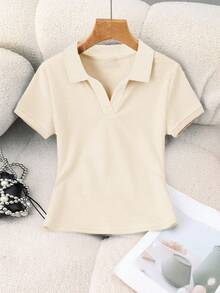 SHEIN Franclia 女款純色 Polo 領短袖休閒上衣 - 杏色 - 查看 4