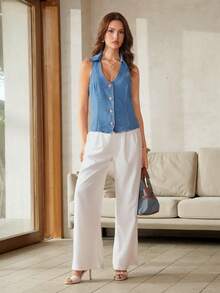 Áo khoác gile denim đơn hàng, đa năng, thời trang dành cho nữ - Màu xanh lam - Xem 4