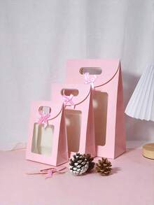 5PCS Pink Clear Self Standing Window Gift Bags With Handle Flip Top Bow Candy Party Favor Tote For Birthday Holiday Celebration Supplies - D multicolor - View 4