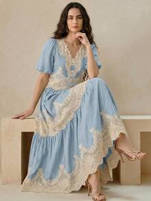 Anewsta Vintage Boho Light Blue V-Neck Puff Sleeve + Lace Patchwork Flared Skirt Vacation Style 2 Pieces Set Brunch Vacation Fall/Summer - Blue - View 5