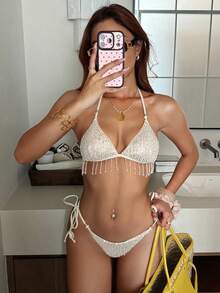 Serisse Dambaddräkt med paljettfransar - Aprikos - Visa 6