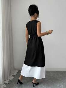 Rafferiza Women's Two-Piece Dress Set: Black Drawstring Long Shirt Dress, White Sleeveless Slim Fit Dress, Casual Commuter Two-Piece Dress, Elegant Dress, Black And White Dress, Summer Everyday Dress, Lace-Up Waist Slimming Dress, Casual Commuter Dress - Black and White - View 2