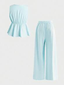 Sweetra 女士条纹印花无袖翻领刺绣衬衫+松紧腰休闲短裤两件套，春夏款 - 青碧色 - 查看 2
