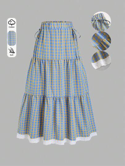 Sweetra French Plaid Design Vintage Academic Layered Hem Patchwork Sweet Lace Spring/Autumn New Fashion Bowknot Decor Fresh Elegant Lady Skirt