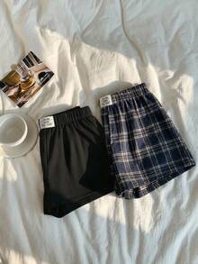 Comfortcana 2 piezas Conjunto de shorts casuales de mujer con parche bordado de letra y pantalones cortos de cintura baja de unicolor ultra cortos, adecuados para vacaciones, verano, graduación, regreso a la escuela, festival de música. 2 piezas Shorts a cuadros de mujer. Shorts tipo bóxer a cuadros de mujer. 3 piezas Boxers cortos casuales a cuadros de mujer - Multicolor - Ver 3