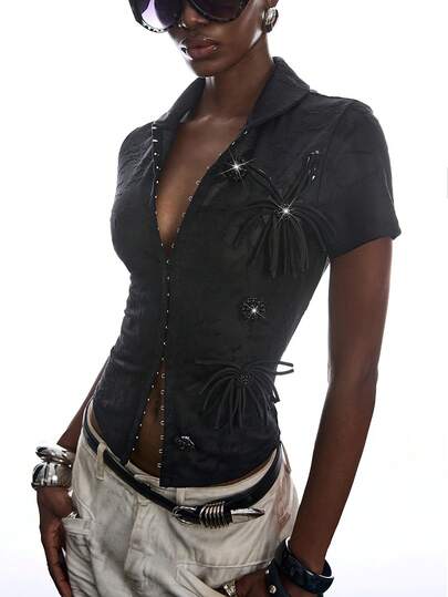 LYSMO 女士撞色3D立体花卉短袖时尚上衣