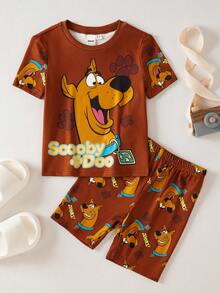 SCOOBY-DOO X SHEIN Bộ đồ mặc nhà tay ngắn cổ tròn in họa tiết dễ thương cho bé trai - DOO - màu nâu - Xem 1