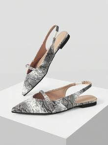 Mnmlis Ladies Commuter Fashion Metal Buckle Animal Pattern Snake Pattern Comfortable Soft Bottom Pointed Flat Bottom Shoes - Dark Grey - View 3