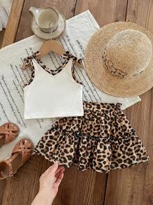 SHEIN LMoss Kids LMoss 女婴针织纯色吊带背心 + 印花雪纺迷你裙两件套 - 彩色 - 查看 1