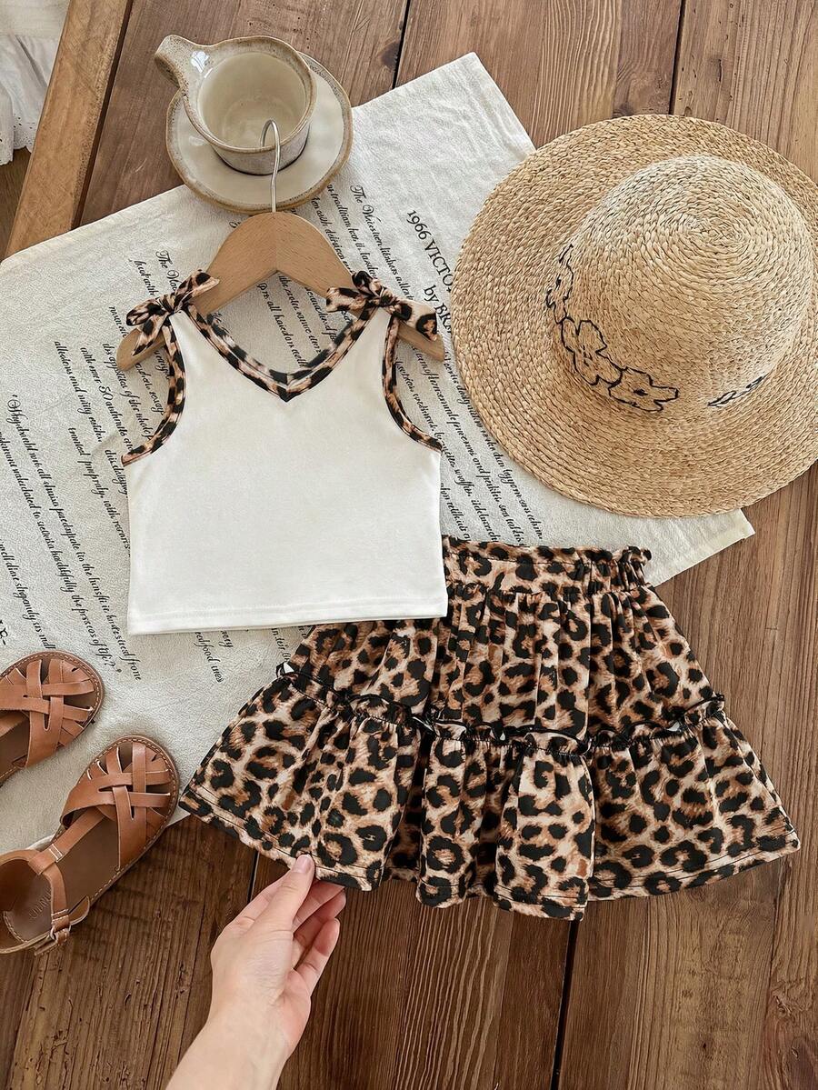 SHEIN LMoss Kids LMoss 女婴针织纯色吊带背心 + 印花雪纺迷你裙两件套 - 彩色 - 查看 1