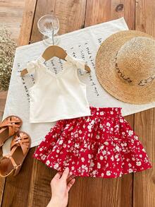 SHEIN LMoss Kids LMoss Baby Girl Knit Solid Color Camisole + Printed Chiffon Mini Skirt 2 Pieces Set - Multicolor - View 7