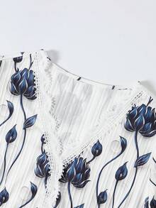 SHEIN JORESS Bestselling Floral Print Patchwork Lace Trim Casual Vacation Shirt, Spring/Summer - Multicolor - View 3