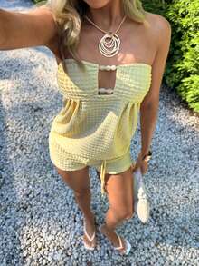 Aloruh Mono de punto texturizado amarillo sólido para mujer, nuevo para primavera/verano, con bandeau con cuentas, adecuado para vacaciones y citas - Amarillo claro - Ver 6