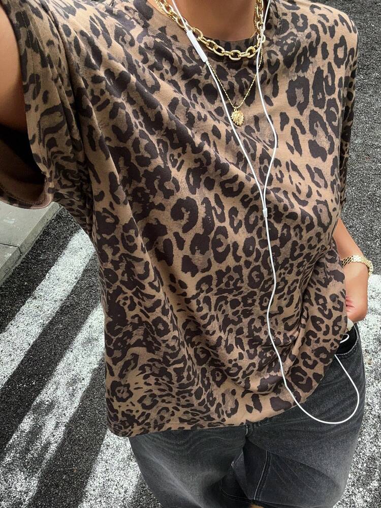 Dazy Plus Leopard Print Loose Fit Casual Plus Size T-Shirt For Women, Spring/Summer