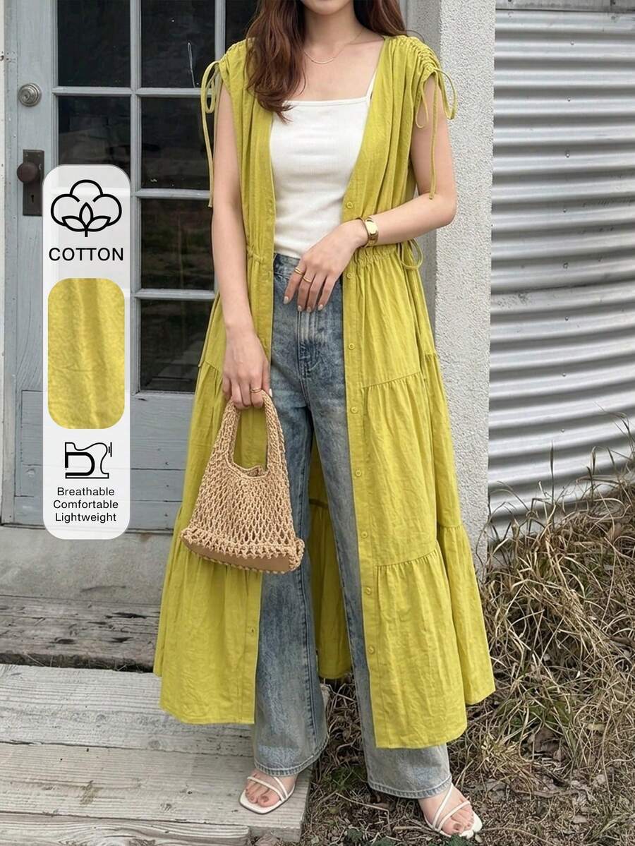 FRIFUL Vestido de línea A sin mangas con cordones ajustables en los hombros, vestidos de verano para mujeres - Amarillo - Ver 1