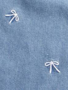 Baby Mädchen Jeans Set. Neue Sommer Kollektion. Modischer Casual Stil. Kurzarm Top + Jeans Hose 2 Stücke Set. Mittelblau Waschung, Taille Rüschen Design mit süßer Schleife Stickerei. Locker A-Linie Silhouette. Elastischer Bund. Leichter, weicher Baumwoll-Denim Stoff, bequem und hautfreundlich. Ein Muss für modebewusste Mädchen. Minimalistischer Casual Stil geeignet für Sommer, Alltagstragen, Fotoshootings, Ausflüge, Partys, Musikfestivals, Urlaub etc. Neue Ankunft Baby Mädchen Jeans Set - Helle Waschung - Übersicht 7