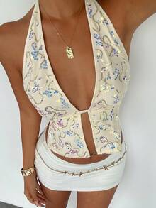 DAZY Áo vest mùa hè gợi cảm, hở lưng, cổ yếm, đính sequin dành cho nữ - trắng - Xem 7