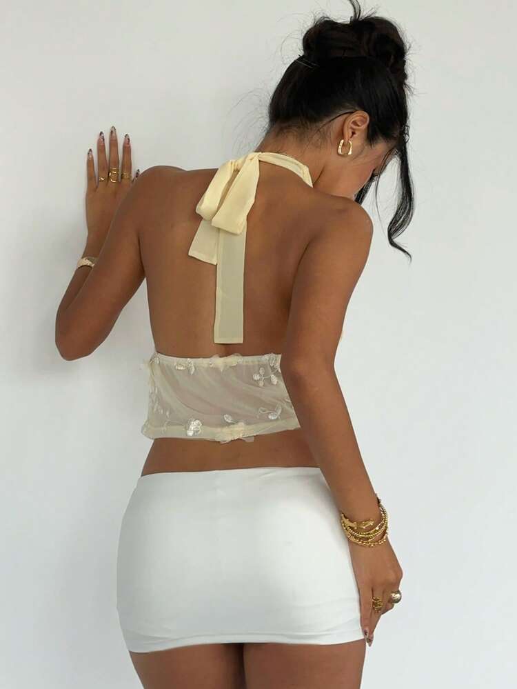 Patchwork Halter Backless Embroidered 3D Floral Elegant Sexy Summer Vest Top For Women