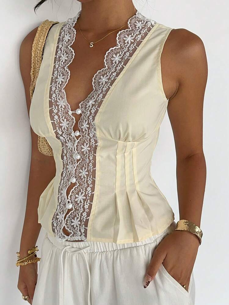 Women's Contrast Lace Sleeveless Cropped Pleated Tank Top, Elegant Formal Vacation Summer Vest