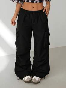 SHEIN PETITE 女士夏季街头复古西部风Y2K低腰降落伞工装裤 - 黑色 - 查看 8