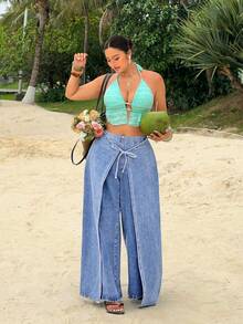 Sunnyshic Jeans de tiro alto, sueltos, de nuevo estilo, con parches y lazo - Azul - Ver 6