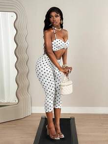 SHEIN BamGlam Bộ đồ nữ 2 mảnh mùa xuân/hè mới, trang phục thường ngày tối giản cho mùa hè, bộ đồ phối hợp đơn giản cho nữ, trang phục chấm bi mùa hè cho nữ, bộ đồ chấm bi trắng thường ngày cho nữ. - trắng - Xem 5