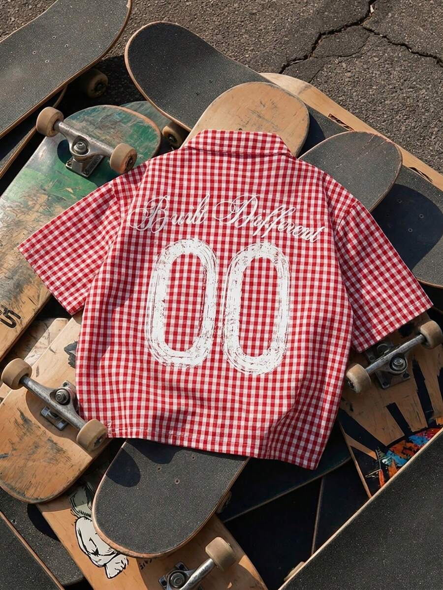 AXEPEAK Men's Letter & Plaid Pattern Short Sleeve Single-Breasted Shirt Red Plaid Shirt Button Up Shirt Cropped Shirts - Pink - View 1