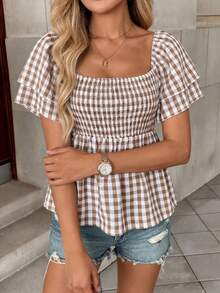 Pariaura Áo kiểu nữ casual kẻ caro tay bèo nhún cổ vuông dáng peplum - Áo babydoll tay phồng eo chun dễ thương mùa hè - Nhiều màu - Xem 4