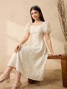 SHEIN Đầm tay phồng thanh lịch dành cho bé gái, thích hợp cho mùa xuân/hè, mùa tốt nghiệp, đám cưới, các dịp thường nhật và tiệc tùng. - Màu be - Xem 3