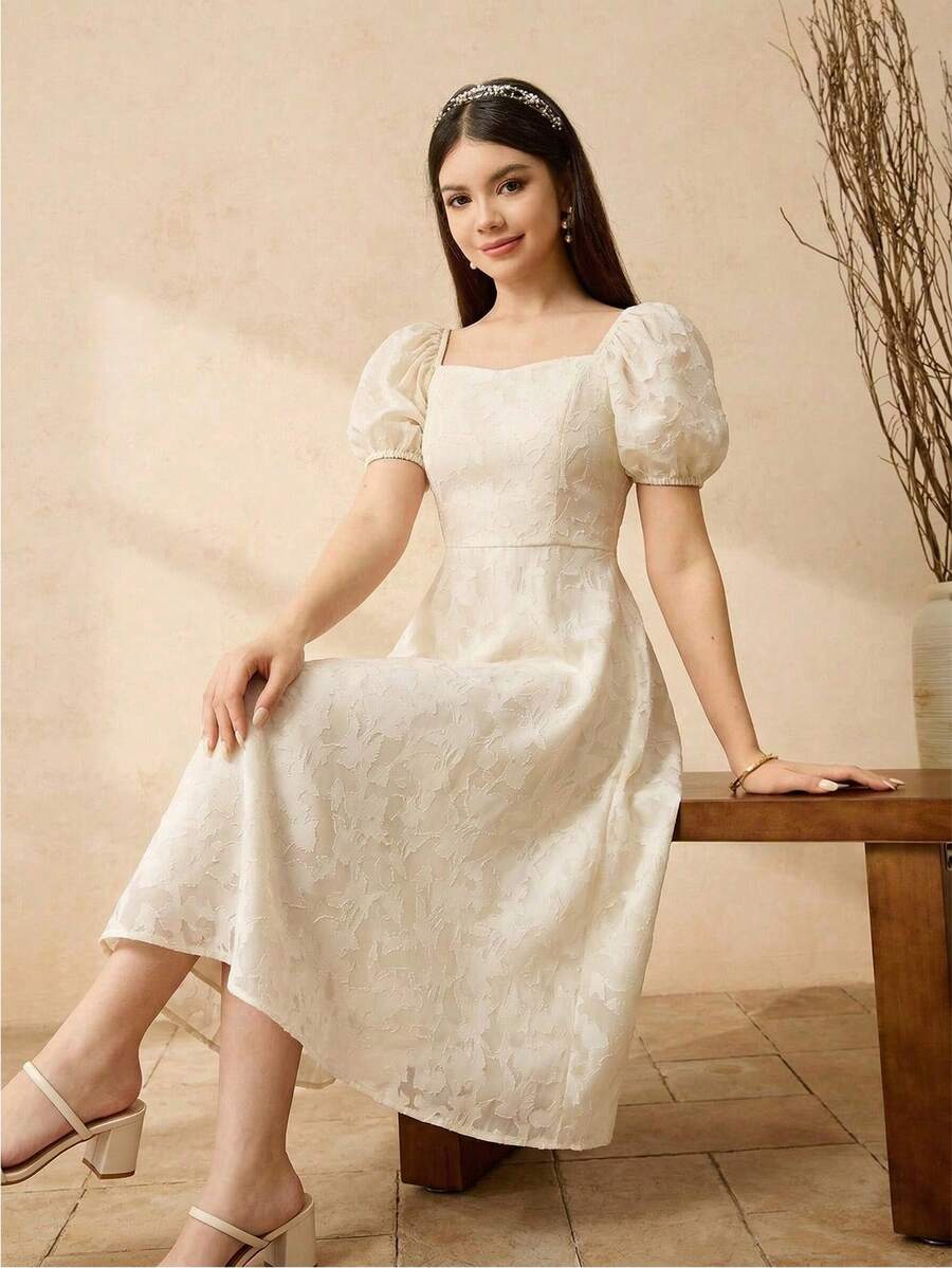 SHEIN Đầm tay phồng thanh lịch dành cho bé gái, thích hợp cho mùa xuân/hè, mùa tốt nghiệp, đám cưới, các dịp thường nhật và tiệc tùng. - Màu be - Xem 1
