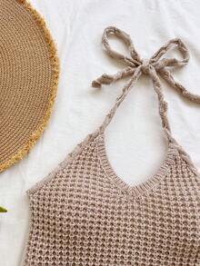 Soleia 女士休闲度假杏色V领钩针蝴蝶结吊带针织背心+流苏修身针织裙两件套，适合海滩、邮轮、城市度假、波西米亚风、夏季 - 杏色 - 查看 3