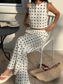 SHEIN EZwear 白色背景黑色波点女士圆领背心和裤子休闲度假套装 - 白色 - 查看 7