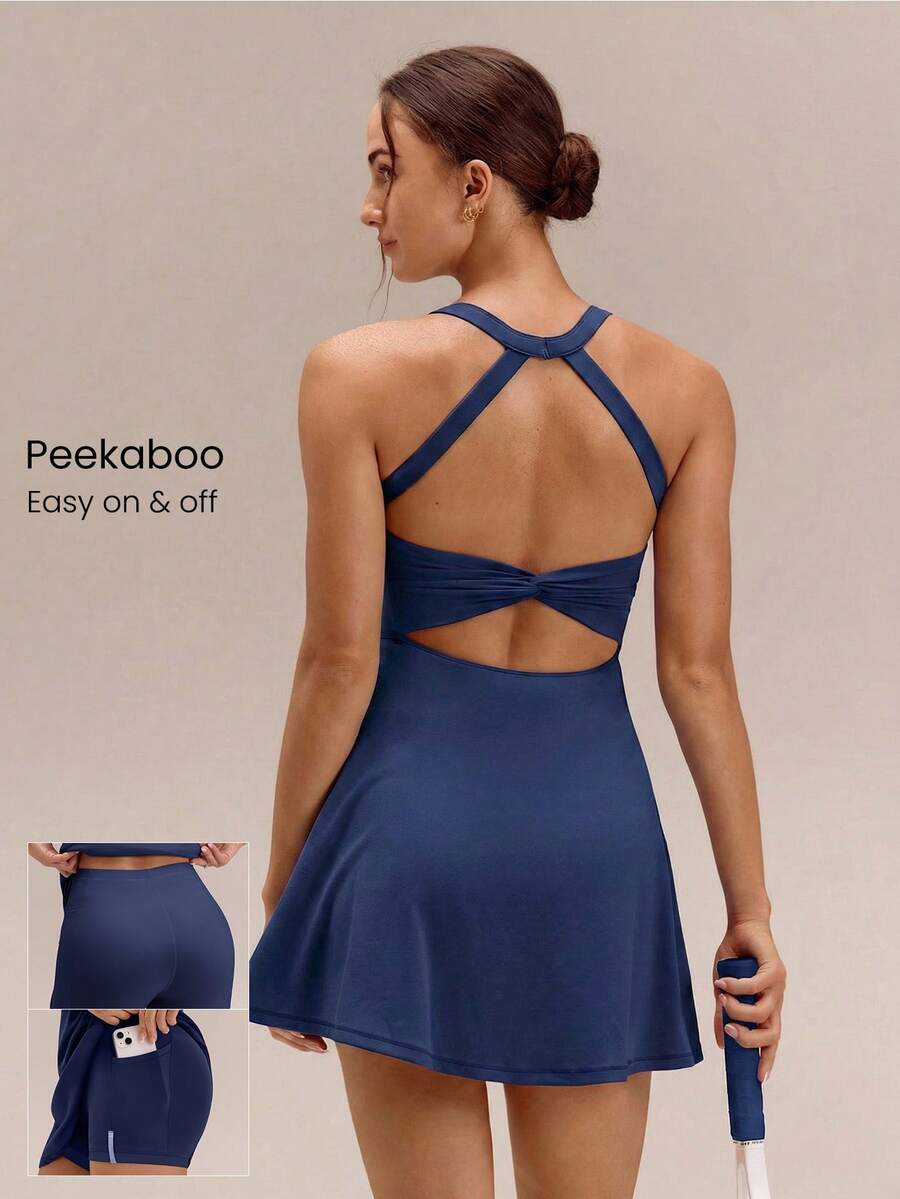 GLOWMODE FeatherFit™-Air Game Set A-Line Built-In Peekaboo Short Knotted Pocket Halter Dress Low Impact Daily Summer Quick Dry Moisture Wicking - Dark Blue - View 1